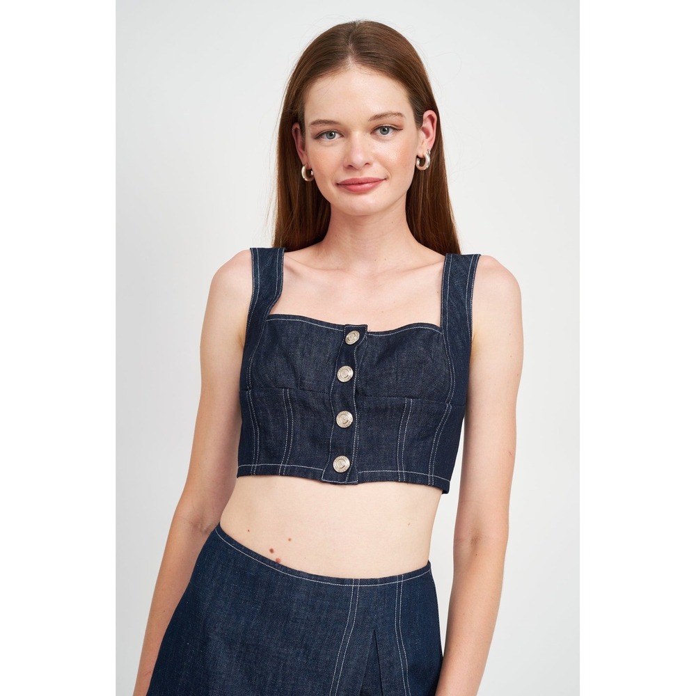 En Saison NEW Women's Demi Denim Silver Button Down Bustier Crop Top Sz Small